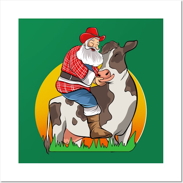 Farmer Santa Farming Farm Cow Merry Christmas Wall Art by E